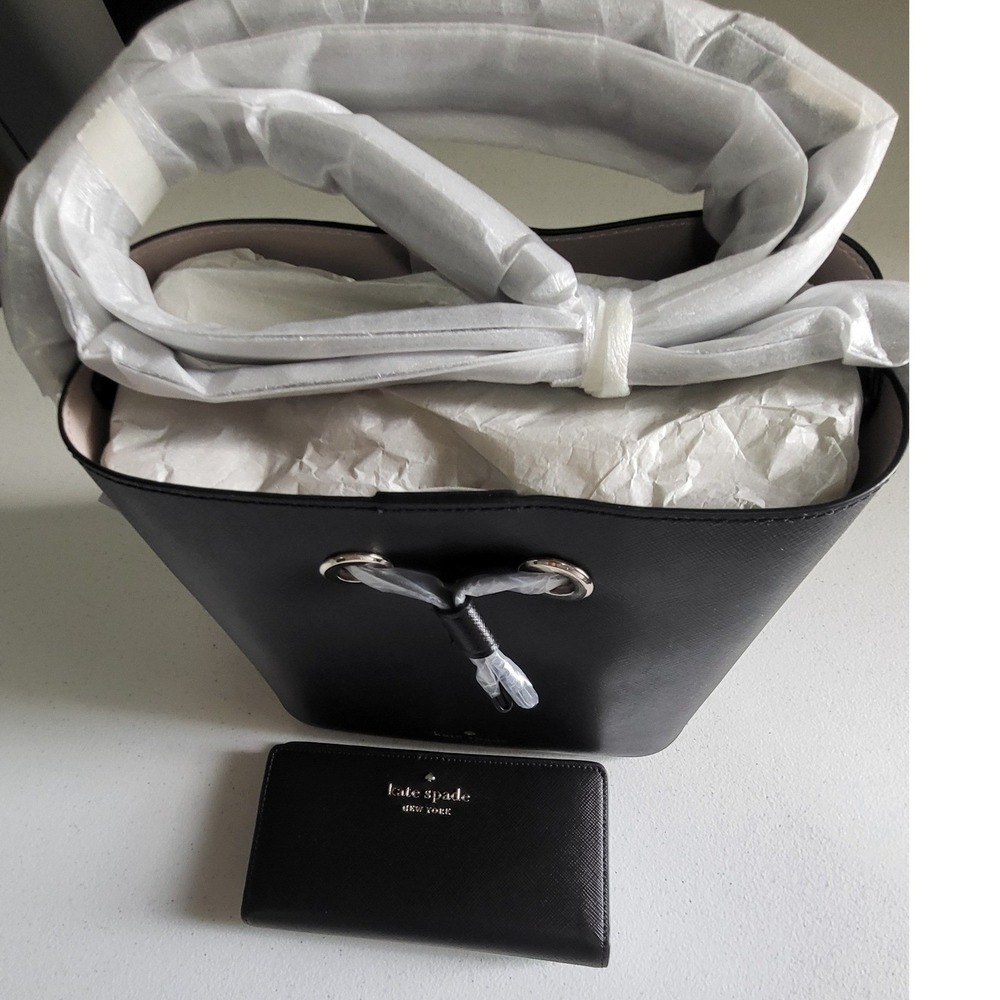 NEW Kate Spade Black Saffiano Leather‎ Bucket Bag and Slim Wallet Set K4378 - Picture 8 of 9